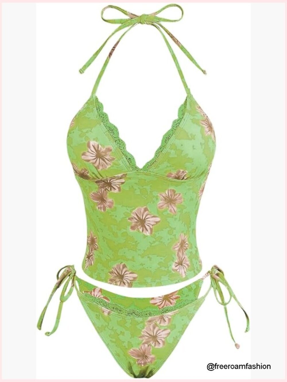 Y2k Floral Tankini Swimsuits Lace Boho Halter Tie Side Thong Bathing Suit